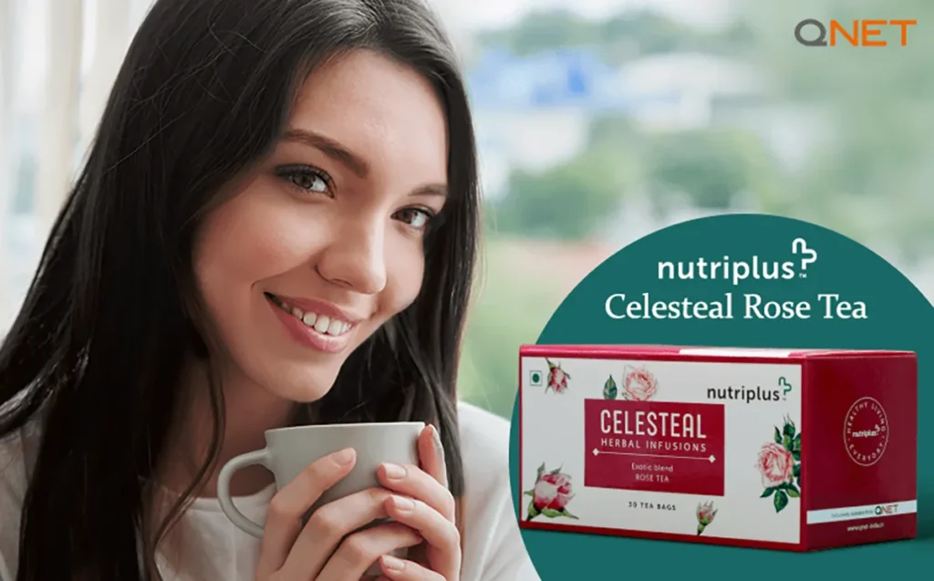 A young woman with a clear skin relishing a hot brew of Nutriplus Celesteal Rose Tea