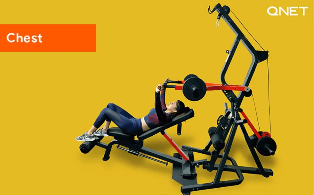 A young woman working performing a bench press on the MyHomePlus HomeGym