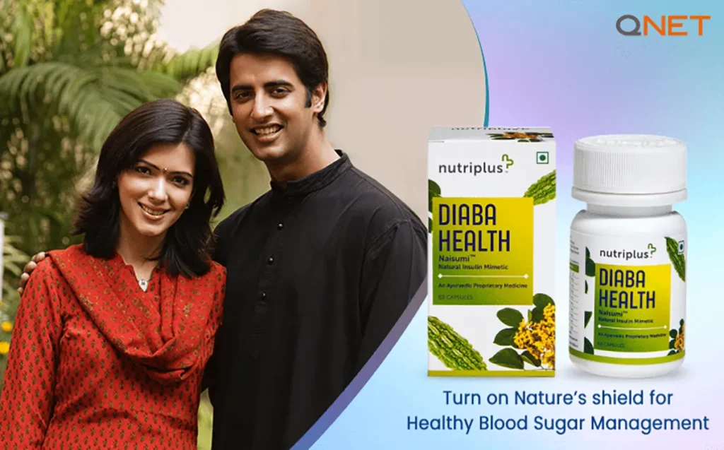 An Indian couple standing outdoors on World Diabetes Day with Nutriplus DiabaHealth in the frame