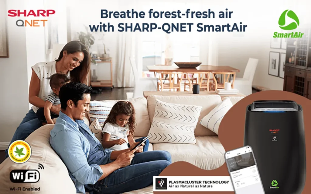 An Indian family experiencing forest-fresh air with SHARP-QNET SmartAir air purifier at home