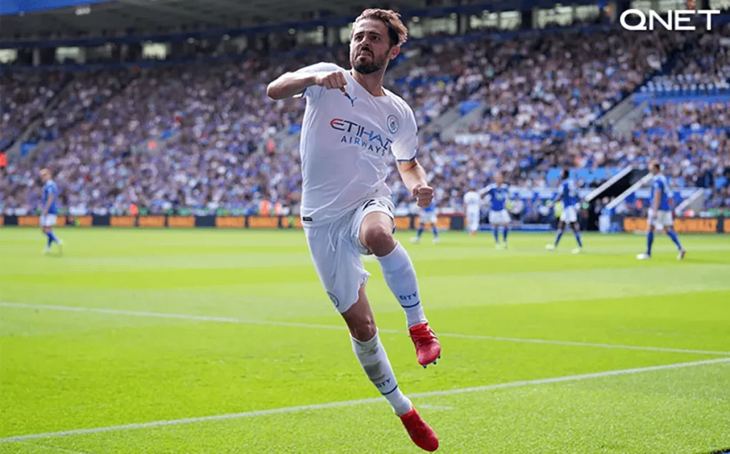 Bernardo Silva running with excitement after scoring his goal against Leicester City