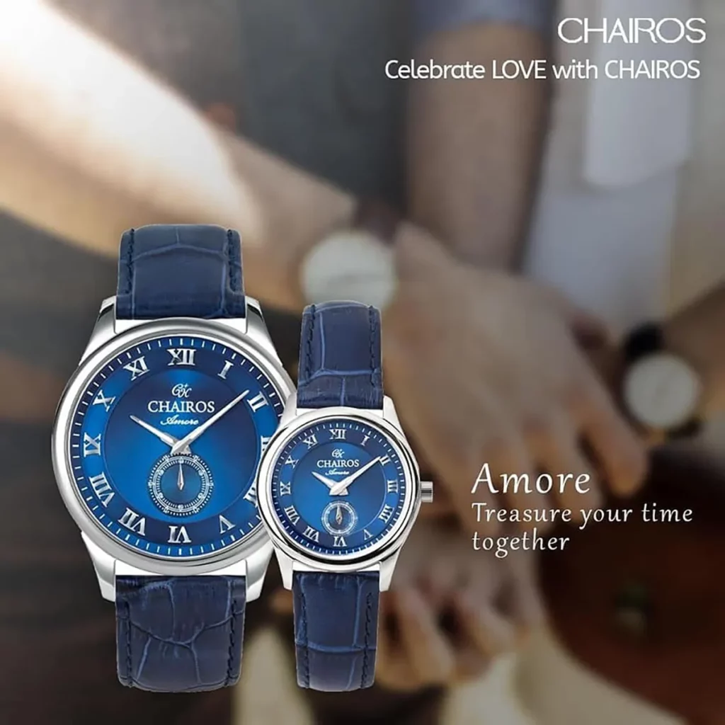 CHAIROS Amore couples watches with a couple holding hands in the background