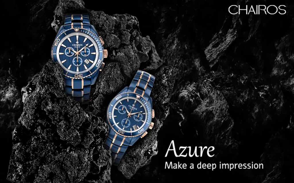 CHAIROS Azure watches emerging from a fossil with a black background.
