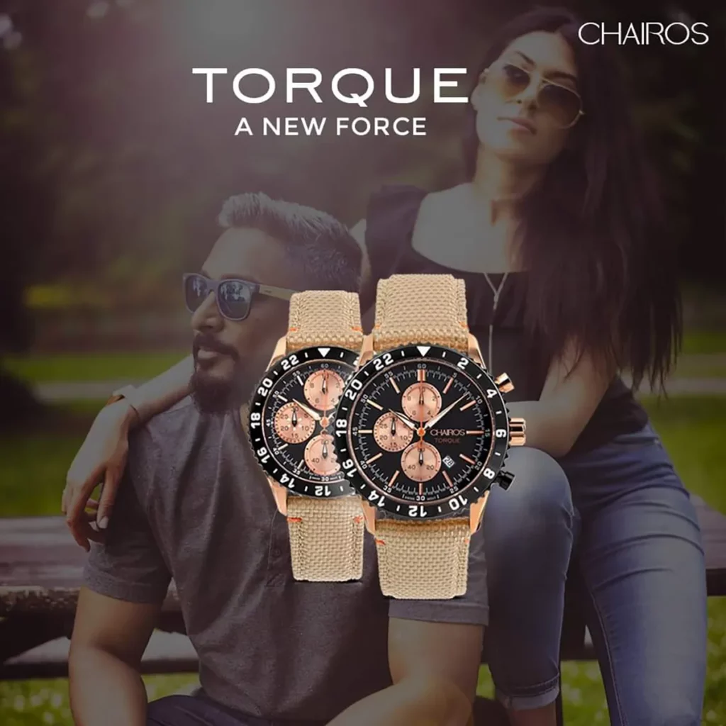 CHAIROS Torque luxury watch with a young couple sitting in the park in the background