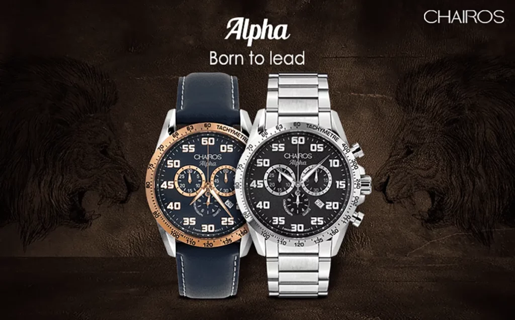 Chairos Alpha watch by QNET India with lions roaring at each other in the background
