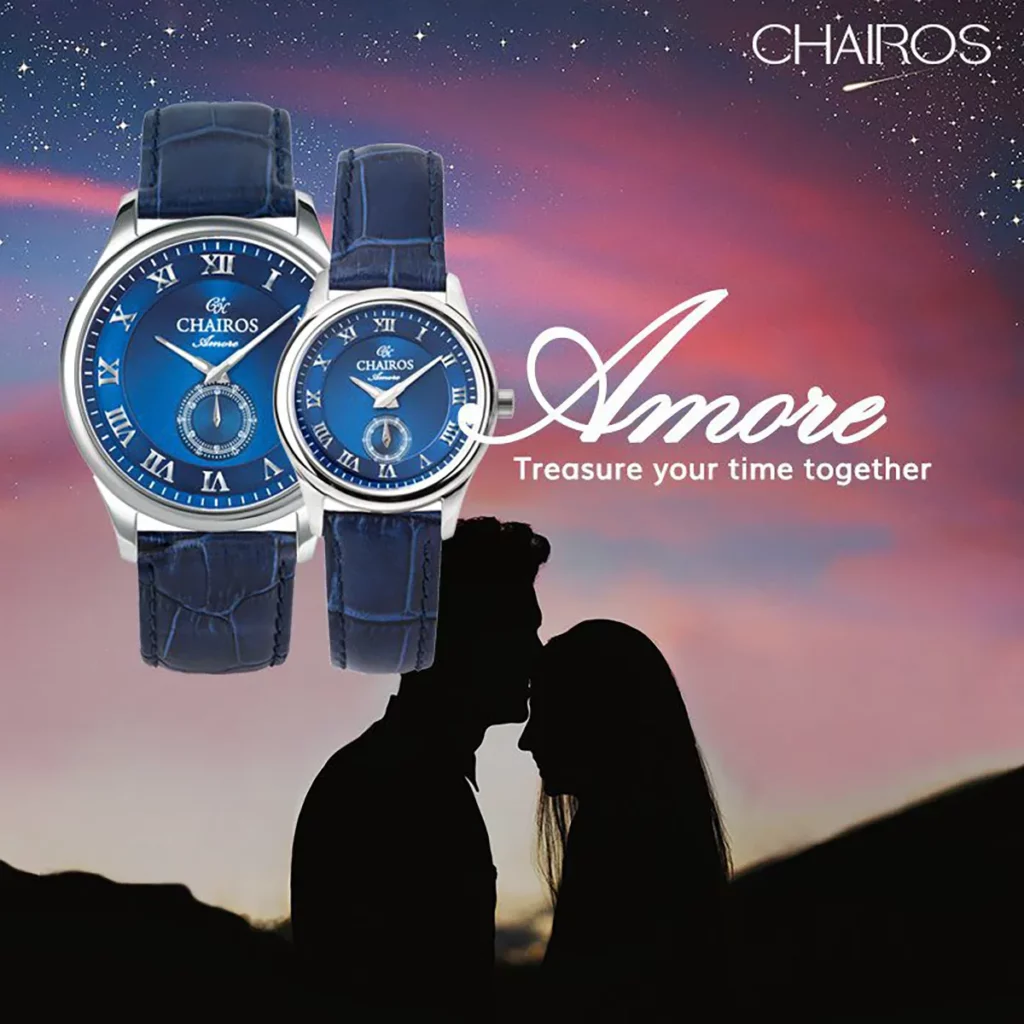 Two CHAIROS Amore watches with a couple embracing each other in the background.