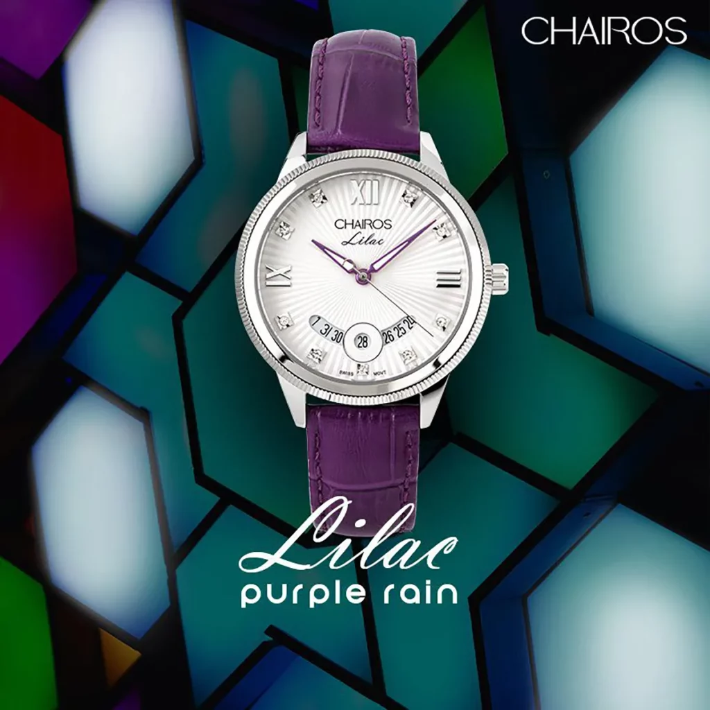 CHAIROS Lilac with a multi-colour background.