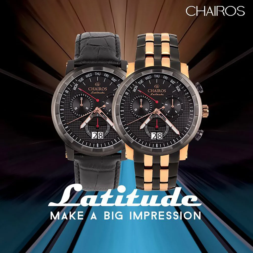 Two CHAIROS Latitude Swiss watches with a brown-blue colour background.