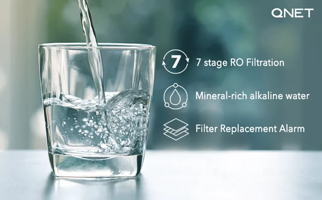 Clean water being poured into a glass with features of MyHomePlus KNIGHT – Alkaline RO Water purifier depicted on the right side