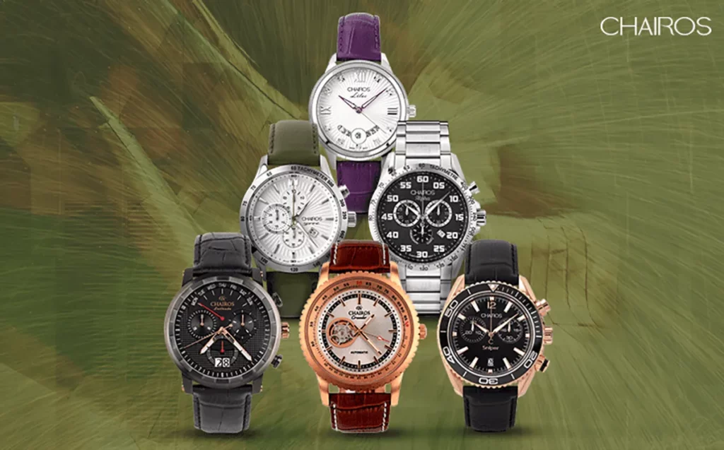 A collection of CHAIROS watches with a bottle green background