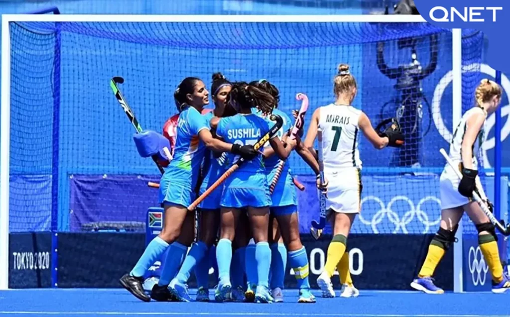 Indian women’s hockey team players celebrate scoring a goal against South Africa in Olympics 2020