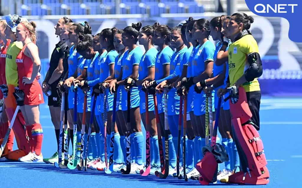 Indian women’s hockey team players standing in a single file before their match against Great Britain in Olympics 2020