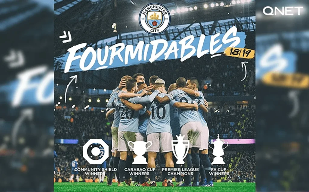 Manchester City players celebrate at the Etihad stadium after a trophy-laden season in 2018-2019