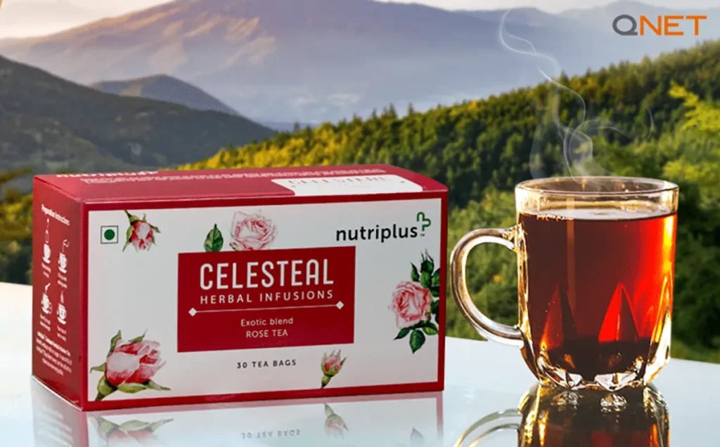 Nutriplus Celesteal Exotic Blend Rose tea on a table