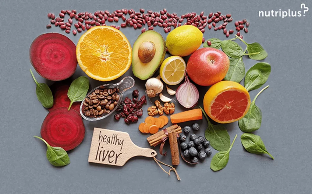 Nutritious food for a healthy liver including vegetables, fruits, nuts and berries