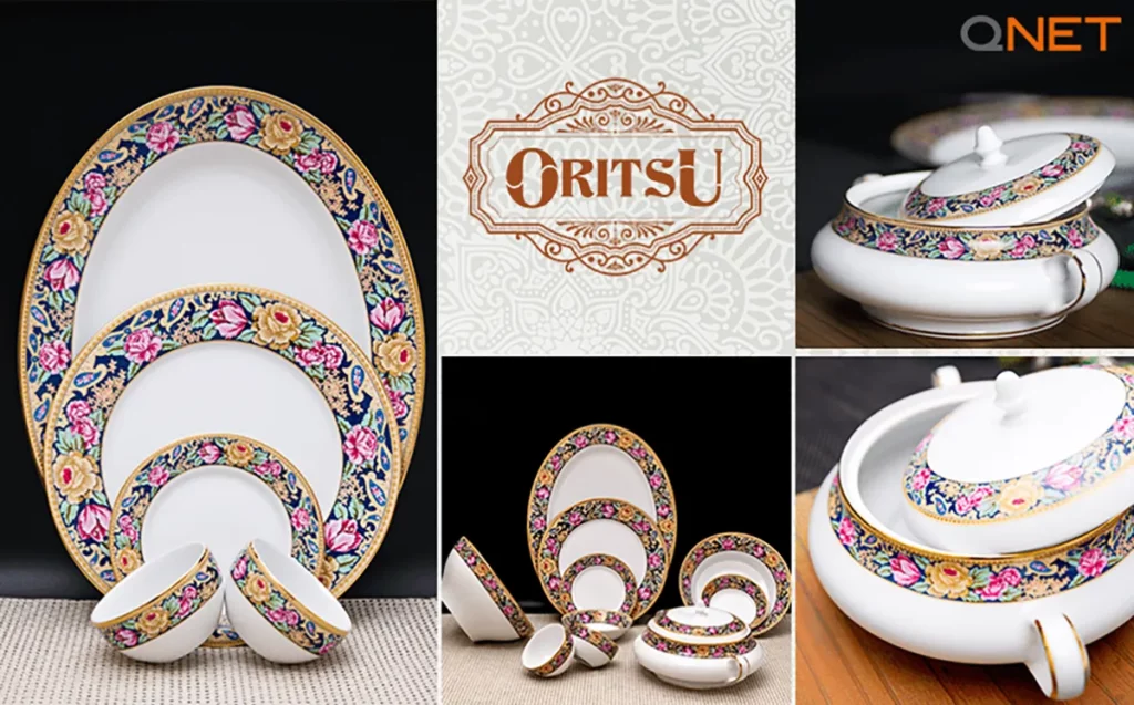 Oritsu dinner sets and tea sets decorated on a table