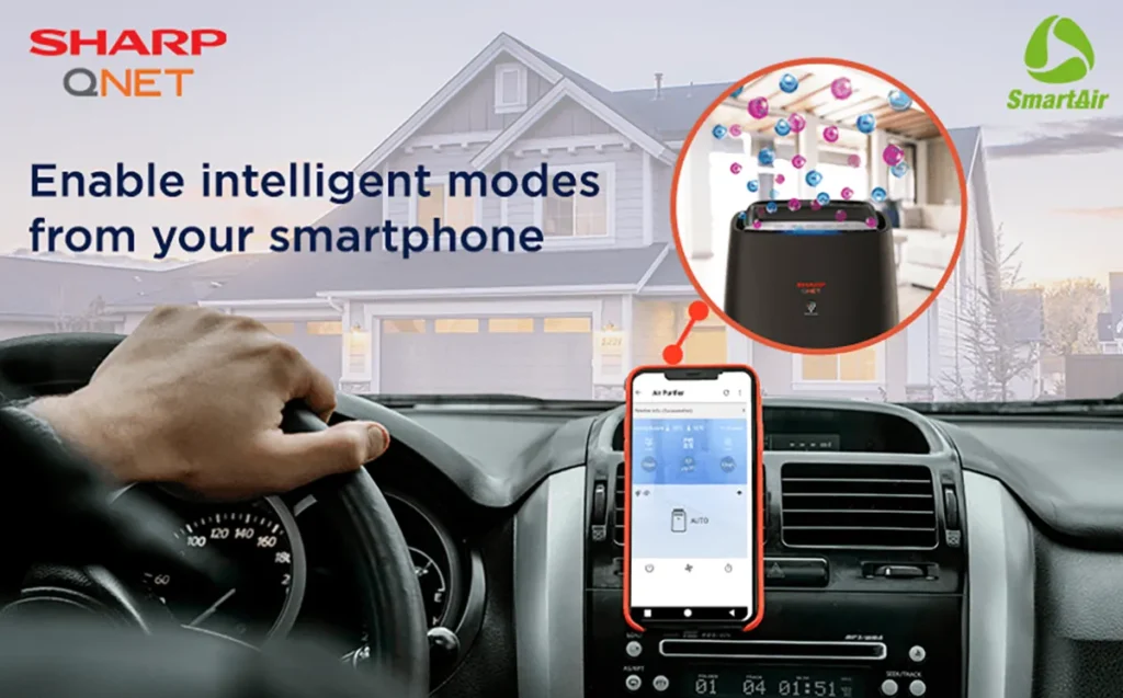 SHARP-QNET SmartAir air purifier with smart IoT features being enabled remotely from a car