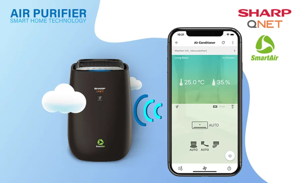 Smartphone and SHARP-QNET SmartAir air purifier on a blue background with IOT Wireless connection system.