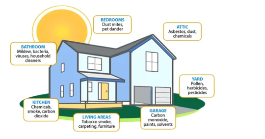 cartoon image of house with text boxes