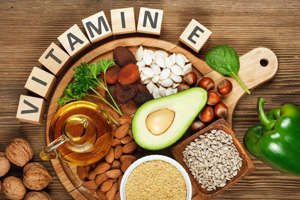 vitamin e for skin: A spread of vitamin e rich food items 