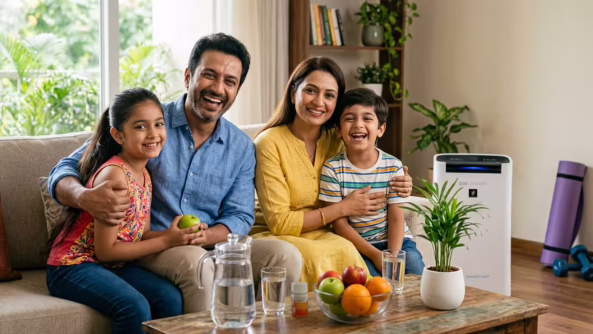 Healthy family enjoying a wellness-focused lifestyle at home with clean air, safe water, and holistic living solutions