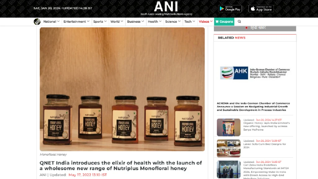 ANI News featured the Nutriplus Monofloral honey