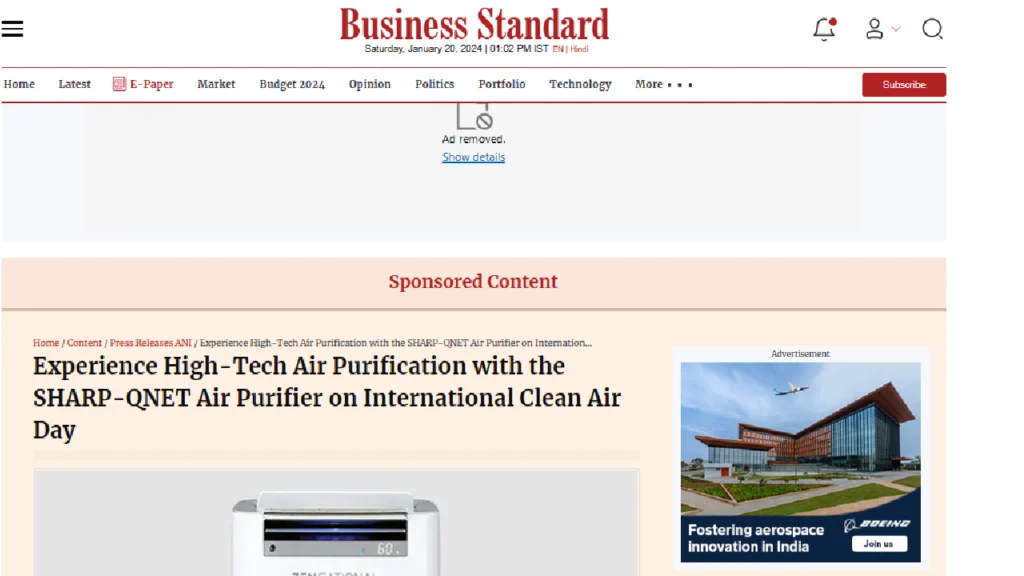 Air purifiers like the SHARP-QNET Zenasational Air Purifier featured in Business Standard News