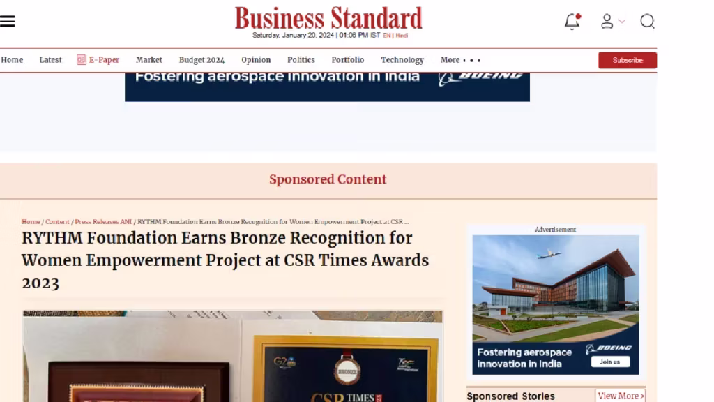 Business Standard featured an ANI press release on RYTHM Foundation