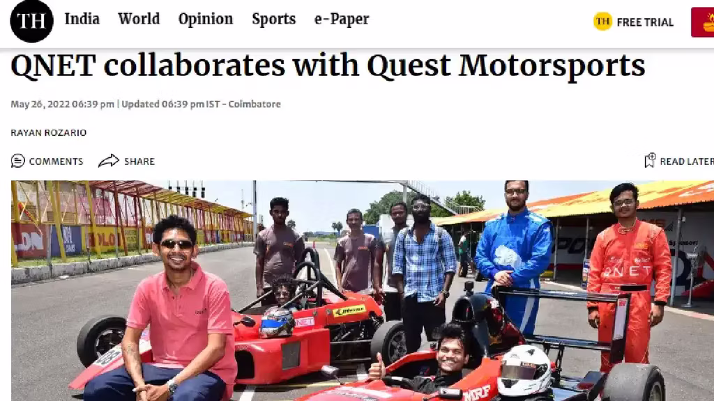 The Hindu, a leading English daily, reported on Chetan Korada, the world’s first driver to win a race with synthetic feet, and his partnership with QNET 