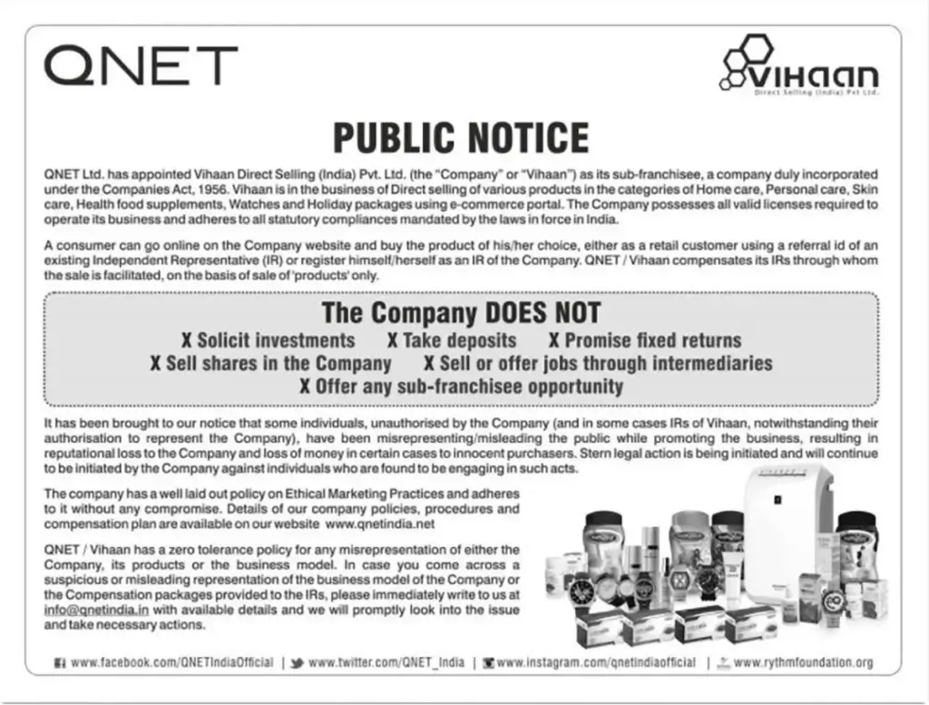 QNET India issued a Public Notice on the company policies 