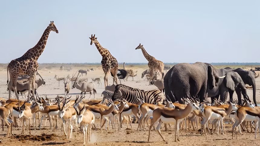 Diverse group of animals drinking water